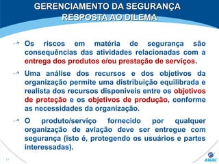GERENCIAMENTO DA SEGURANÇAGERENCIAMENTO DA SEGURANÇA
RESPOSTA AO DILEMARESPOSTA AO DILEMA
77
Os riscos em matéria de segurança são
consequências das atividades relacionadas com a
entrega dos produtos e/ou prestação de serviços.
Uma análise dos recursos e dos objetivos da
organização permite uma distribuição equilibrada e
realista dos recursos disponíveis entre os objetivos
de proteção e os objetivos de produção, conforme
as necessidades da organização.
O produto/serviço fornecido por qualquer
organização de aviação deve ser entregue com
segurança (isto é, protegendo os usuários e partes
interessadas).
 
