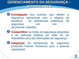  Investigação dos eventos que afetam a
segurança operacional com o objetivo de
identificar as deficiências sistêmicas de
segurança em vez
de procurar culpados.
 Compartilhar as lições de segurança adquiridas
e as melhores práticas por meio de um
intercâmbio ativo de informações de segurança.
 Integração do treinamento de segurança
(incluindo Fatores Humanos) para o pessoal
operacional.
90
GERENCIAMENTO DA SEGURANÇA –GERENCIAMENTO DA SEGURANÇA –
OITO PILARESOITO PILARES
 