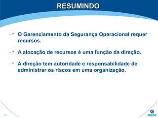 RESUMINDORESUMINDO
O Gerenciamento da Segurança Operacional requer
recursos.
A alocação de recursos é uma função da direção.
A direção tem autoridade e responsabilidade de
administrar os riscos em uma organização.
94
 