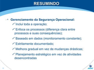 RESUMINDORESUMINDO
Gerenciamento da Segurança Operacional:
Inclui toda a operação;
Enfoca os processos (diferença clara entre
processos e suas consequências);
Baseado em dados (monitoramento constante);
Estritamente documentado;
Melhora gradual em vez de mudanças drásticas;
Planejamento estratégico em vez de atividades
desencontradas
95
 