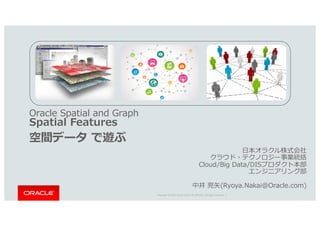 Copyright	©	2016 Oracle	and/or	its	affiliates.	All	rights	reserved.		|
Oracle Spatial and Graph
Spatial Features
空間データ で遊ぶ
⽇本オラクル株式会社
クラウド・テクノロジー事業統括
Cloud/Big Data/DISプロダクト本部
エンジニアリング部
中井 亮⽮(Ryoya.Nakai@Oracle.com)
1
 