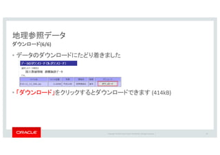 Copyright	©	2016 Oracle	and/or	its	affiliates.	All	rights	reserved.		|
地理参照データ
ダウンロード(6/6)
• データのダウンロードにたどり着きました
• 「ダウンロード」をクリックするとダウンロードできます (414kB)
29
 