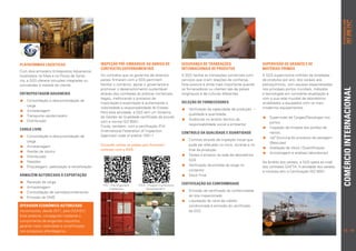 pt.info@sgs.com
                                                                                                                                                                                                          707 200 747*
                                                                                                                                                                                                                  *seg. a sex. das 9h às 18h
PLATAFORMAS LOGÍSTICAS                         INSPEÇÃO PRÉ-EMBARQUE AO ABRIGO DE	               SEGURANÇA DE TRANSAÇÕES 		                     SUPERVISÃO DE GRANÉIS e de
                                               CONTRATOS GOVERNAMENTAIS                          INTERNACIONAIS DE PRODUTOS                     Matérias-primas
Com dois armazéns Entrepostos Aduaneiros
localizados na Maia e na Póvoa de Santa        Os contratos que os governos de diversos          A SGS facilita as transações comerciais com    A SGS supervisiona milhões de toneladas
Iria, a SGS oferece soluções integradas ou     países firmaram com a SGS permitem                serviços que criam relações de confiança.      de produtos por ano, dos cereais aos
concebidas à medida do cliente.                facilitar o comércio, apoiar o governance e       Esta postura é ainda mais importante quando    petroquímicos, com equipas especializadas




                                                                                                                                                                                               Comércio Internacional
                                               promover o desenvolvimento sustentável            os fornecedores ou clientes são de países      nos principais portos mundiais, métodos
Entrepostagem aduaneira                        através dos combates às práticas comerciais       longínquos e de culturas diferentes.           e tecnologias em constante atualização e
                                               ilegais, melhorando o processo de                                                                com a sua rede mundial de laboratórios
 Consolidação e desconsolidação de                                                             Seleção de fornecedores
                                               importação e exportação e aumentando a                                                           acreditados e equipados com os mais
   carga
                                               notoriedade e responsabilidade do Estado.          Verificação da capacidade de produção –     modernos equipamentos.
 Armazenagem                                 Para esta atividade, a SGS tem um Sistema
 Transporte cais/armazém                                                                          qualidade e quantidade
                                               de Gestão da Qualidade certificado de acordo                                                      Supervisão de Cargas/Descargas nos
 Distribuição                                                                                   Auditorias no âmbito técnico da
                                               com a norma ISO 9001.                                                                               portos
                                                                                                    responsabilidade social e ambiental
                                               Conta, também, com a certificação IFIA                                                            Inspeção de limpeza dos porões de
Carga livre                                    (International Federation of Inspection
                                                                                                 Controlo da qualidade e quantidade                navios
 Consolidação e desconsolidação de           Agencies) code of pratice 1001-1.
                                                                                                                                                 Up*Sourcing do processo de pesagem
   carga                                                                                          Controlo através de inspeção visual que
                                                                                                                                                   (Básculas)
 Armazenagem                                 Consulte online os países que firmaram 	             pode ser efetuado no início, durante e no
                                               contrato com a SGS:                                                                               Avaliação de stock / Quantificação
 Gestão de stocks                                                                                 final da produção
                                                                                                                                                 Amostragem e análises laboratoriais
 Distribuição                                                                                   Testes e ensaios na rede de laboratórios
 Peações                                                                                          SGS
                                                                                                                                                No âmbito dos cereais, a SGS opera ao nível
 Etiquetagem, paletização e retratilização                                                      Verificação da entrada da carga no          dos contratos GAFTA. A atividade dos cereais
                                                                                                    contentor                                   e minerais tem a Certificação ISO 9001.
Armazém autorizado à Exportação                                                                   Stock Final
   Receção de carga                                                                            Certificação da conformidade
                                                PSI - Pre Shipment    PCA - Product Conformity
   Armazenagem                                    Inspection            Assessement
   Consolidação de camiões/contentores                                                          Emissão de certificado de conformidade
   Emissão de DME                                                                                 do lote inspecionado
                                                                                                  Liquidação da carta de crédito
Operador Económico Autorizado                                                                       condicionada à emissão do certificado
(reconhecido, desde 2011, pela DGAIEC)                                                              da SGS
Este estatuto, conseguido mediante o
cumprimento de exigentes requisitos,
garante maior celeridade e simplificação
nos processos alfandegários.                                                                                                                                                                    12 | 13
 