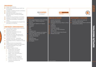 PROCUREMENT




                                                                                                                                                                                               pt.info@sgs.com
                                                                                                                                                                                                          707 200 747*
                                                                                                                                                                                                                  *seg. a sex. das 9h às 18h
 Supply Chain Services
 Revisão de procedimentos de QA/QC de
   fornecedores
 Inspeção e expediting durante o pré-fabrico
 Assistência a ensaios
 Execução de ensaios (Destrutivos e
                                                                                                                        SGS Multilab
                                                                                                                        portugal
   Não Destrutivos), incluindo certificação
   obrigatória
 Controlo de documentação e certificados
 Avaliação e qualificação de fornecedores       Formação                                      ANÁLISES  ENSAIOS	                              CERTIFICAÇÃO  AUDITORIA
 Controlo de quantidades, embalagens e           	 BI Inspeção Baseada no Risco (API 580)
                                                      R                                          	 íquidos Penetrantes*
                                                                                                    L                                             	 P 4492 – Sistema de Gestão de
                                                                                                                                                    N
   marcas                                          	 iretiva PED – Pressure Equipment
                                                      D                                          	 artículas Magnéticas*
                                                                                                    P                                               Serviços de Manutenção
 Assistência a operações de carregamento/           Directive                                  	 adiografia Industrial por Raios X e Raios
                                                                                                    R                                             	 ertificação de equipamentos e assembly
                                                                                                                                                    C
   descarga de mercadorias                         	 egurança de Trabalhos em Espaços
                                                      S                                             Y (gama)*                                       (Directiva PED e SPVD) Marca SGS
                                                      Confinados                                                                                          para Certificação de Produtos
                                                                                                 	Ultrassons*




                                                                                                                                                                                               INSPEÇÃO INDUSTRIAL
                                                   Soldadura
CONSTRUÇÃO / COMISSIONAMENTO                       	 ER
                                                      S
                                                                                                 	Endoscopia
 	 ertificação de equipamentos e assembly
   C                                               	 IG
                                                      T                                          	 orrentes Induzidas
                                                                                                    C
   (Directiva PED e SPVD)                          	 AG
                                                      M                                          	 oFD - Time of Flight Diffraction
                                                                                                    T
 	nspeção de soldadura
   I                                               	Inspeção visual                            	 hased Array
                                                                                                    P
 	 ualificação de procedimentos de
   Q                                               	 ualificação de Inspetores de Soldadura
                                                      Q                                          	 MI - Positive Material Identification
                                                                                                    P
   soldadura e soldadores                             segundo o Sistema Americano AWS            	 edição de durezas
                                                                                                    M
 	 xecução de Ensaios Não Destrutivos
   E                                               Ensaios Não Destrutívos
 	 ontrolo de Qualidade e Supervisão do
   C                                               	Liquidos Penetrantes
   Controlo de Qualidade                           	Ultra sons
 	nspeção de pintura – preparação,
   I                                               	 agnetoscopia
                                                      M
   aplicação e execução de ensaios finais          	 adiografia Industrial
                                                      R
 	 iscalização de obra e Inspeção de Terceira
   F                                               	 ermografia
                                                      T
   Parte
 	 edência de técnicos especialistas
   C
 	mplementação de planos de manutenção
   I
   e Inspeção baseada no Risco (RBI)
 	 estão do Risco
   G
 	nspeções Regulamentares
   I
   •• 	 quipamentos sob pressão
        E
   •• 	 quipamentos de trabalho
        E
   •• 	 anques de armazenagem
        T
   •• 	 edes, ramais de distribuição e
        R
        instalações de gás
   •• 	nstalações de armazenagem e
        I
        abastecimento de combustível
   •• 	 ontrolo metrológico de volumes
        C
   •• 	 isternas de transporte de
        C                                                                                       * Ensaios Acreditados
        combustível                                                                                                                                                                             22 | 23
 