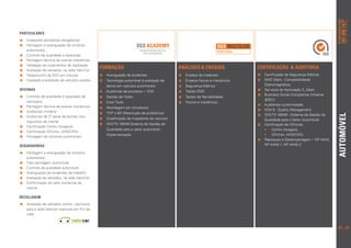 pt.info@sgs.com
                                                                                                                                                                                          707 200 747*
                                                                                                                                                                                                  *seg. a sex. das 9h às 18h
PARTICULARES
 	nspeções periódicas obrigatórias
   I
 Peritagem e averiguação de sinistros                                                                             SGS Multilab
   automóveis                                                                                                       portugal
 Controlo de qualidade à reparação
 Peritagem técnica de avarias mecânicas
 Validação de orçamentos de reparação
 Avaliação de salvados, na rede ValorCar
                                              Formação                                     ANÁLISES  ENSAIOS	                     CERTIFICAÇÃO  AUDITORIA
 Testemunho da SGS em tribunal               	 veriguação de acidentes
                                                 A                                          	 nsaios de materiais
                                                                                              E                                     	 ertificação da Segurança Elétrica
                                                                                                                                      C
 Inspeção e avaliação de veículos usados     	 ecnologia automóvel e avaliação de
                                                 T                                          	 nsaios físicos e mecânicos
                                                                                              E                                     	 MC Mark - Compatibilidade
                                                                                                                                      E
                                                  danos em veículos automóveis              	Segurança Elétrica                     Eletromagnética
                                                                                                                                                                Marca SGS
OFICINAS                                                                                                                            Serviços de Aprovação E_Mark
                                               	 uditorias de processo – VDA
                                                 A                                          	 estes EMC
                                                                                              T                                               para Certificação de Produtos
                                                                                                                                    	 usiness Social Compliance Initiative
                                                                                                                                      B
 Controlo de qualidade à reparação de        	 estão de frotas
                                                 G                                          	 estes de flamabilidade
                                                                                              T
                                                                                                                                      (BSCI)
   carroçaria                                  	 ore Tools
                                                 C                                          	 ísicos e mecânicos
                                                                                              F
                                                                                                                                    	 uditorias customizadas
                                                                                                                                      A
 Peritagem técnica de avarias mecânicas      	 bordagem por processos
                                                 A
                                                                                                                                    	 DA 6 - Quality Management
                                                                                                                                      V
 Auditorias mistério                         	 OP`s 8D (Resolução de problemas)
                                                 T                                                                                  ISO/TS 16949 - Sistema de Gestão da




                                                                                                                                                                               automóvel
 Auditorias de 2ª parte de acordo com
                                               	 ualificação de Inspetores de veículos
                                                 Q                                                                                    Qualidade para o Setor Automóvel
   requisitos de cliente
                                               	SO/TS 16949 Sistema de Gestão da
                                                 I                                                                                  Certificação de Oficinas:
 Certificação Centro Zaragoza
                                                  Qualidade para o setor automóvel -                                                  •• 	 entro Zaragoza
                                                                                                                                           C
 Certificação Oficina+ (ANECRA)
                                                  Implementação                                                                       •• Oficina+ (ANECRA)
 Peritagem de sinistros automóveis
                                                                                                                                    	 eboques e Desempanagem – NP 4444,
                                                                                                                                      R
SEGURADORAS                                                                                                                           NP 4445-1, NP 4445-2

 Peritagem e averiguação de sinistros
   automóveis
 Foto-peritagem automóvel
 Controlo da qualidade automóvel
 Averiguação de acidentes de trabalho
 Avaliação de salvados, na rede ValorCar
 Confirmação do valor comercial da
   viatura

RECICLAGEM
 Avaliação de salvados online – exclusivo
   para a rede Valorcar (veículos em fim de
   vida)


                                                                                                                                                                                24 | 25
 