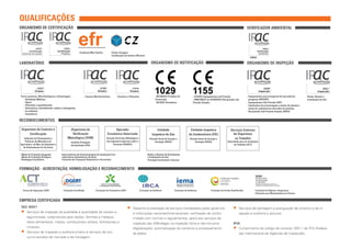 qualificações
organismo de certificação                                                                                                                                                                                                             vErificador ambiental



                                                         empresa familiarmente responsável


                                                         - Fundação Más Familia                 - Centro Zaragoza
                                                                                                  Certificação de Centros Oficinais
                                                                                                                                                                                                                                       - EMAS

Laboratório                                                                                                                               organismo de notificação                                                                    organismo de inspeção




Fisíco-químicos, Microbiológicos e Amostragem:                 - Ensaios Não Destrutivos              - Acústica e Vibrações
                                                                                                                                              1029
                                                                                                                                              - 89/106/EEC Produtos de
                                                                                                                                                                                  1155
                                                                                                                                                                                  - 97/23/EC Equipamentos sob Pressão                 - Equipamentos para transporte de mercadorias        - Redes, Ramais e
   - Atividades Médicas                                                                                                                       Construção                          - 2009/105/EC (ex-87/404/EEC) Recipientes sob         perigosas (RPE/RPF)                                  Instalações de Gás
   - Águas                                                                                                                                    - 95/16/EC Elevadores               Pressão Simples                                     - Equipamentos Sob Pressão (ESP)
   - Alimentos e agroalimentar                                                                                                                                                                                                        - Instalações de armazenagem e postos de abasteci-
   - Antisséticos, desinfetantes, sabões e detergentes                                                                                                                                                                                  mento de combustíveis derivados de petróleo
   - Ar ambiente                                                                                                                                                                                                                      - Recipientes Sob Pressão Simples (RSPS)
   - Cosméticos

Reconhecimentos

 Organismo de Controlo e                        Organismo de                                      Operador                                     Entidade                        Entidade Inspetora                     Serviços Externos
      Certificação                               Verificação                                 Económico Autorizado                          Inspetora de Gás                   de Combustíveis (EIC)                     de Segurança
   Gabinete de Planeamento e                  Metrológica (OVM)                              Direção Geral das Alfândegas e              Direção Geral de Energia e            Direção Geral de Energia e                no Trabalho
    Políticas do Ministério da                   Instituto Português                         dos Impostos Especiais sobre o                   Geologia (DGEG)                       Geologia (DGEG)                Autoridade para as Condições
Agricultura, do Mar, do Ambiente e               da Qualidade (IPQ)                                Consumo (DGAIEC)                                                                                                      do Trabalho (ACT)
  do Ordenamento do Território

- Modo de Produção Integrada           - Reservatórios de Armazenamento de Instalação Fixa                                            - Redes e Ramais de Distribuição
- Modo de Produção Biológico           - Indicadores Automáticos de Nível                                                               e Instalações de Gás
- Rotulagem Facultativa                - Cisternas de Transporte Rodoviário e Ferroviário                                               (Portugal Continental e Açores)


formação - Acreditação, homologação e reconhecimento
                                                                                                                                                                                                                                              DGAV
                                                                                                                                                                                                                                              Direção-Geral
                                                                                                                                                                                                                                              de Alimentação
                                                                                                                                                                                                                                              e Veterinária
                                                                                                                                                                                                                                              Ministério da Agricultura, do Mar, do 	
                                                                                                                                                                                                                                              Ambiente e do Ordenamento do Território



  Cursos de Segurança (CAP)               Formação Acreditada                 Formação de Formadores (CAP)                     Formação de Auditores             Formação de Auditores             Formação de Peritos Qualificados          Formação de Higiene e Segurança
                                                                                                                                                                                                                                             Alimentar para Manipuladores de Carnes


empresa certificada
 ISO 9001                                                                                                        �	Desenho e prestação de serviços mandatados pelos governos                                             �	Serviços de peritagem e averiguação de sinistros e de in-
 �	Serviços de inspeção da qualidade e quantidade de cereais e                                                        e instituições nacionais/internacionais: verificação de confor-                                         speção e auditoria a veículos.
   leguminosas, subprodutos para rações, farinhas e melaços,                                                          midade com normas e regulamentos, apoio aos serviços de
   óleos alimentares, metais, combustíveis sólidos, fertilizantes e                                                   inspeção das Alfândegas na inspeção física e não-intrusiva                                         IFIA
   minerais.                                                                                                          (digitalização), automatização do comércio e processamento                                         �	Cumprimento do código de conduta 1001-1 da IFIA (Federa-
 �	Serviços de inspeção e auditoria a bens e serviços de con-                                                         de dados.                                                                                               ção Internacional de Agências de Inspecção).
   sumo estudos de mercado e de rotulagem.
 