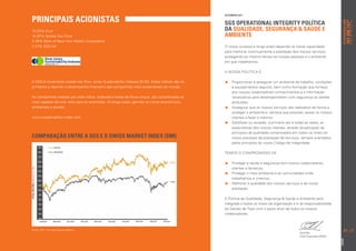 DEZEMBRO 2011

principais acionistas                                                                           SGS OPERATIONAL INTEGRITY POLÍTICA




                                                                                                                                                                        pt.info@sgs.com
                                                                                                                                                                                   707 200 747*
                                                                                                                                                                                           *seg. a sex. das 9h às 18h
15.00% Exor                                                                                     DA QUALIDADE, SEGURANÇA  SAÚDE E
14.97% família Von Finck                                                                        AMBIENTE
3.30% Bank of New York Mellon Corporation
3.31% SGS SA                                                                                    O nosso sucesso a longo prazo depende na nossa capacidade
                                                                                                para melhorar continuamente a prestação dos nossos serviços,
                                                                                                protegendo ao mesmo tempo as nossas pessoas e o ambiente
                                                                                                em que trabalhamos.

                                                                                                A nossa política é:

A SGS é novamente cotada nos Dow Jones Sustainability Indexes (DJSI). Estes índices são os       Proporcionar e assegurar um ambiente de trabalho, condições
primeiros a reportar o desempenho financeiro das companhias mais sustentáveis do mundo.            e equipamentos seguros, bem como formação que forneça
                                                                                                   aos nossos colaboradores conhecimentos e a informação
As companhias cotadas por este índice, indexado à bolsa de Nova Iorque, são consideradas as        necessários para desempenharem com segurança as tarefas
mais capazes de criar valor para os acionistas, no longo prazo, gerindo os riscos económicos,      atribuídas;
ambientais e sociais.                                                                            Assegurar que os nossos serviços são realizados de forma a
                                                                                                   proteger o ambiente e, sempre que possível, apoiar os nossos
www.sustainability-index.com                                                                       clientes a fazer o mesmo;
                                                                                                 Satisfazer ou exceder, à primeira vez e todas as vezes, as
                                                                                                   expectativas dos nossos clientes, através da aplicação de
                                                                                                   princípios da qualidade comprovados em todos os níveis do
Comparação entre a SGS e o Swiss Market Index (SMI)                                                nosso processo de prestação de serviços, sempre orientados
                                                                                                   pelos princípios do nosso Código de Integridade.

                                                                                                TEMOS O COMPROMISSO DE:

                                                                                                 Proteger a saúde e segurança dos nossos colaboradores,
                                                                                                   clientes e terceiros;
                                                                                                 Proteger o meio ambiente e as comunidades onde
                                                                                                   trabalhamos e vivemos;
                                                                                                 Melhorar a qualidade dos nossos serviços e da nossa
                                                                                                   prestação.

                                                                                                A Política da Qualidade, Segurança  Saúde e Ambiente será
                                                                                                integrada a todos os níveis da organização e é da responsabilidade
                                                                                                da Gestão de Topo com o apoio ativo de todos os nossos
                                                                                                colaboradores.



Fonte: 2011 Full Year Results Report                                                                                                                                     26 | 27




                                                                                                                                                                     201207
 