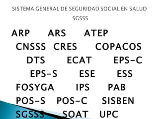 ARP  ARS  ATEP  CNSSS  CRES  COPACOS  DTS  ECAT  EPS-C  EPS-S  ESE  ESS  FOSYGA  IPS  PAB  POS-S  POS-C  SISBEN  SGSSS  SOAT  UPC  niveles de atención….   etc, etc 