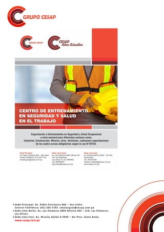  Sede Principal: Av. Pablo Carriquiry 660 – San Isidro
Central Telefónica: (01) 205-7142 smalasquez@cesap.com.pe
 Sede Lima Norte: Av. Las Palmeras 3893 Oficina 302 – Urb. Las Palmeras.
Los Olivos
 Sede Lima Este: Av. Nicolás Ayllón # 2929 – 3er Piso. Santa Anita.
www.cesap.com.pe
 