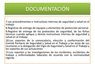DOCUMENTACIÓN
7.Los procedimientos e instructivos internos de seguridad y salud en el
trabajo
8.Registros de entrega de equipos y elementos de protección personal
9.Registro de entrega de los protocolos de seguridad, de las fichas
técnicas cuando aplique y demás instructivos internos de seguridad y
salud en el trabajo
10.Los soportes de la convocatoria, elección y conformación del
Comité Paritario de Seguridad y Salud en el Trabajo y las actas de sus
reuniones o la delegación del Vigía de Seguridad y Salud en el Trabajo y
los soportes de sus actuaciones
11.Los reportes y las investigaciones de los incidentes, accidentes de
trabajo y enfermedades laborales de acuerdo con la normatividad
vigente
 