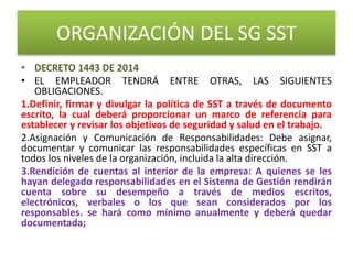 ORGANIZACIÓN DEL SG SST
• DECRETO 1443 DE 2014
• EL EMPLEADOR TENDRÁ ENTRE OTRAS, LAS SIGUIENTES
OBLIGACIONES.
1.Definir, firmar y divulgar la política de SST a través de documento
escrito, la cual deberá proporcionar un marco de referencia para
establecer y revisar los objetivos de seguridad y salud en el trabajo.
2.Asignación y Comunicación de Responsabilidades: Debe asignar,
documentar y comunicar las responsabilidades específicas en SST a
todos los niveles de la organización, incluida la alta dirección.
3.Rendición de cuentas al interior de la empresa: A quienes se les
hayan delegado responsabilidades en el Sistema de Gestión rendirán
cuenta sobre su desempeño a través de medios escritos,
electrónicos, verbales o los que sean considerados por los
responsables. se hará como mínimo anualmente y deberá quedar
documentada;
 