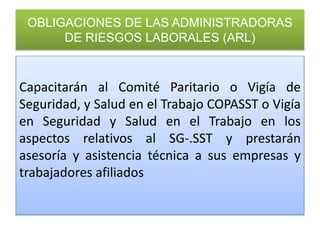 OBLIGACIONES DE LAS ADMINISTRADORAS
DE RIESGOS LABORALES (ARL)
Capacitarán al Comité Paritario o Vigía de
Seguridad, y Salud en el Trabajo COPASST o Vigía
en Seguridad y Salud en el Trabajo en los
aspectos relativos al SG-.SST y prestarán
asesoría y asistencia técnica a sus empresas y
trabajadores afiliados
 
