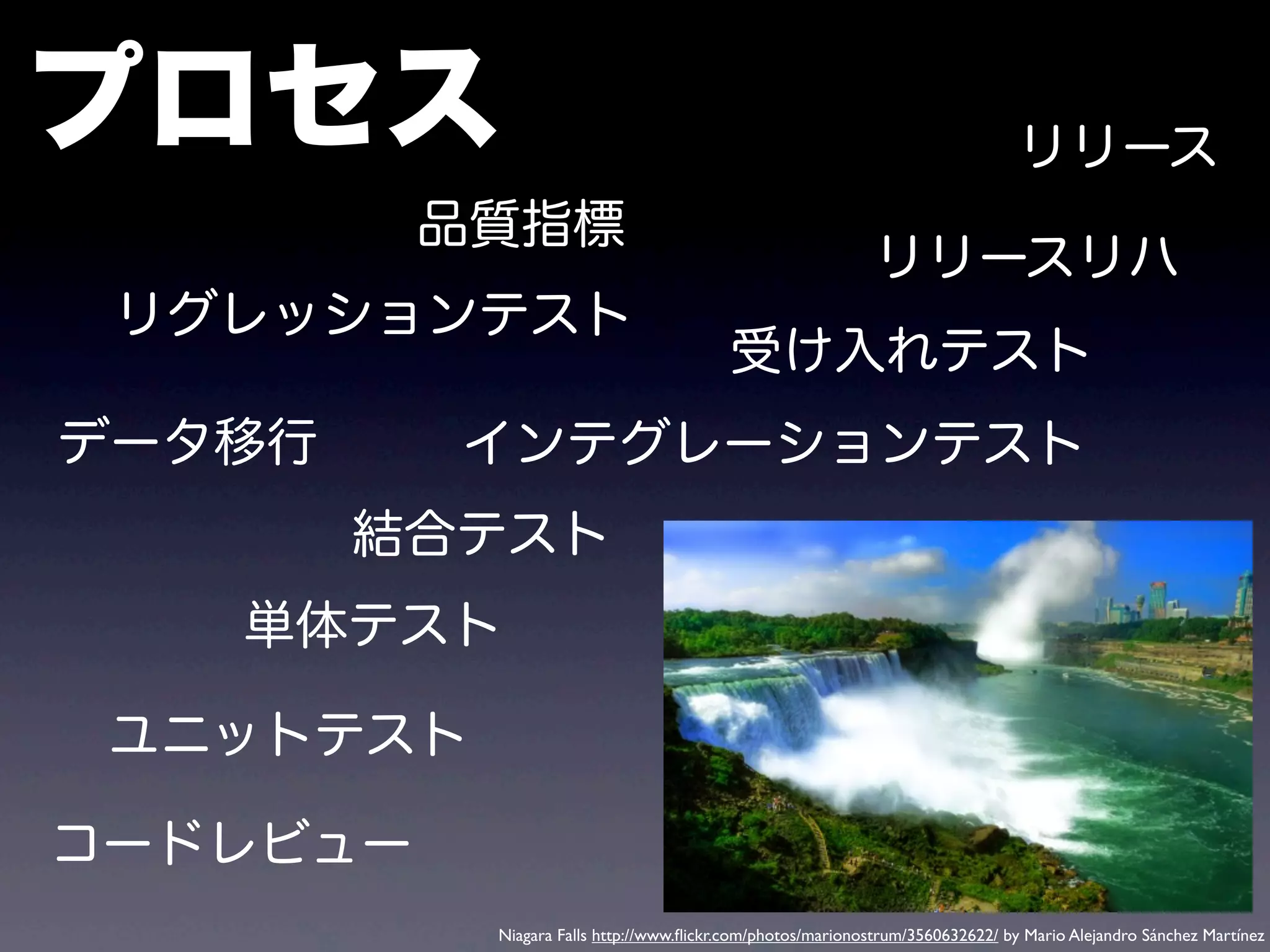 プロセス                                                                            リリース
          品質指標
                                                            リリースリハ
 リグレッションテスト
                                         受け入れテスト
データ移行     インテグレーションテスト
        結合テスト
   単体テスト

 ユニットテスト

コードレビュー
           Niagara Falls http://www.ﬂickr.com/photos/marionostrum/3560632622/ by Mario Alejandro Sánchez Martínez
 