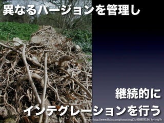 異なるバージョンを管理し




         継続的に
 インテグレーションを行う
       tangles http://www.ﬂickr.com/photos/snigl3t/458809534/ by snigl3t
 