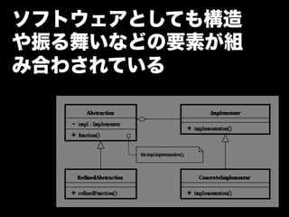 ソフトウェアとしても構造
や振る舞いなどの要素が組
み合わされている
 