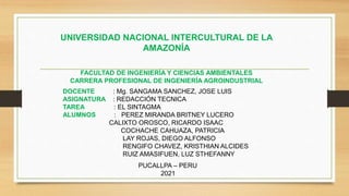 UNIVERSIDAD NACIONAL INTERCULTURAL DE LA
AMAZONÍA
FACULTAD DE INGENIERÍA Y CIENCIAS AMBIENTALES
CARRERA PROFESIONAL DE INGENIERÍA AGROINDUSTRIAL
DOCENTE : Mg. SANGAMA SANCHEZ, JOSE LUIS
ASIGNATURA : REDACCIÓN TECNICA
TAREA : EL SINTAGMA
ALUMNOS : PEREZ MIRANDA BRITNEY LUCERO
CALIXTO OROSCO, RICARDO ISAAC
COCHACHE CAHUAZA, PATRICIA
LAY ROJAS, DIEGO ALFONSO
RENGIFO CHAVEZ, KRISTHIAN ALCIDES
RUIZ AMASIFUEN, LUZ STHEFANNY
PUCALLPA – PERU
2021
 
