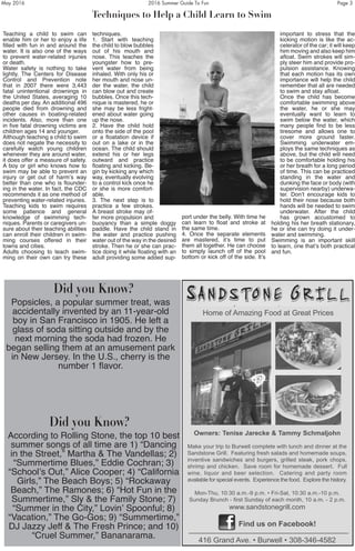 May 2016	 2016 Summer Guide To Fun	 Page 3
Techniques to Help a Child Learn to Swim
Teaching a child to swim can
enable him or her to enjoy a life
filled with fun in and around the
water. It is also one of the ways
to prevent water-related injuries
or death.
Water safety is nothing to take
lightly. The Centers for Disease
Control and Prevention note
that in 2007 there were 3,443
fatal unintentional drownings in
the United States, averaging 10
deaths per day. An additional 496
people died from drowning and
other causes in boating-related
incidents. Also, more than one
in five fatal drowning victims are
children ages 14 and younger.
Although teaching a child to swim
does not negate the necessity to
carefully watch young children
whenever they are around water,
it does offer a measure of safety.
A boy or girl who knows how to
swim may be able to prevent an
injury or get out of harm’s way
better than one who is flounder-
ing in the water. In fact, the CDC
recommends it as one method of
preventing water-related injuries.
Teaching kids to swim requires
some patience and general
knowledge of swimming tech-
niques. Parents or caregivers un-
sure about their teaching abilities
can enroll their children in swim-
ming courses offered in their
towns and cities.
Adults choosing to teach swim-
ming on their own can try these
techniques.
1. Start with teaching
the child to blow bubbles
out of his mouth and
nose. This teaches the
youngster how to pre-
vent water from being
inhaled. With only his or
her mouth and nose un-
der the water, the child
can blow out and create
bubbles. Once this tech-
nique is mastered, he or
she may be less fright-
ened about water going
up the nose.
2. Have the child hold
onto the side of the pool
or a floatation device if
out on a lake or in the
ocean. The child should
extend his or her legs
outward and practice
floating and kicking. Be-
gin by kicking any which
way, eventually evolving
to a control kick once he
or she is more comfort-
able.
3. The next step is to
practice a few strokes.
A breast stroke may of-
fer more propulsion and
buoyancy than a simple doggy
paddle. Have the child stand in
the water and practice pushing
water out of the way in the desired
stroke. Then he or she can prac-
tice doing it while floating with an
adult providing some added sup-
port under the belly. With time he
can learn to float and stroke at
the same time.
4. Once the separate elements
are mastered, it’s time to put
them all together. He can choose
to simply launch off of the pool
bottom or kick off of the side. It’s
important to stress that the
kicking motion is like the ac-
celerator of the car; it will keep
him moving and also keep him
afloat. Swim strokes will sim-
ply steer him and provide pro-
pulsion assistance. Knowing
that each motion has its own
importance will help the child
remember that all are needed
to swim and stay afloat.
Once the child has become
comfortable swimming above
the water, he or she may
eventually want to learn to
swim below the water, which
many people find to be less
tiresome and allows one to
cover more ground faster.
Swimming underwater em-
ploys the same techniques as
above, but the child will need
to be comfortable holding his
or her breath for a long period
of time. This can be practiced
standing in the water and
dunking the face or body (with
supervision nearby) underwa-
ter. Don’t encourage kids to
hold their nose because both
hands will be needed to swim
underwater. After the child
has grown accustomed to
holding his her breath stationary,
he or she can try doing it under-
water and swimming.
Swimming is an important skill
to learn, one that’s both practical
and fun.
Home of Amazing Food at Great Prices
Owners: Tenise Jarecke & Tammy Schmaljohn
Make your trip to Burwell complete with lunch and dinner at the
Sandstone Grill. Featuring fresh salads and homemade soups,
inventive sandwiches and burgers, grilled steak, pork chops,
shrimp and chicken. Save room for homemade dessert. Full
wine, liquor and beer selection. Catering and party room
available for special events. Experience the food. Explore the history.
Mon-Thu, 10:30 a.m.-9 p.m. • Fri-Sat, 10:30 a.m.-10 p.m.
Sunday Brunch - first Sunday of each month, 10 a.m. - 2 p.m.
www.sandstonegrill.com
Find us on Facebook!
416 Grand Ave. • Burwell • 308-346-4582
Did you Know?
Did you Know?
Popsicles, a popular summer treat, was
accidentally invented by an 11-year-old
boy in San Francisco in 1905. He left a
glass of soda sitting outside and by the
next morning the soda had frozen. He
began selling them at an amusement park
in New Jersey. In the U.S., cherry is the
number 1 flavor.
According to Rolling Stone, the top 10 best
summer songs of all time are 1) “Dancing
in the Street,” Martha & The Vandellas; 2)
“Summertime Blues,” Eddie Cochran; 3)
“School’s Out,” Alice Cooper; 4) “California
Girls,” The Beach Boys; 5) “Rockaway
Beach,” The Ramones; 6) “Hot Fun in the
Summertime,” Sly & the Family Stone; 7)
“Summer in the City,” Lovin’ Spoonful; 8)
“Vacation,” The Go-Gos; 9) “Summertime,”
DJ Jazzy Jeff & The Fresh Prince; and 10)
“Cruel Summer,” Bananarama.
 