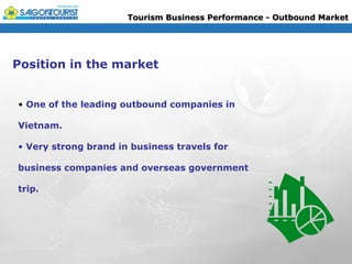 Tourism Business Performance - Outbound Market




Position in the market


• One of the leading outbound companies in

Vietnam.

• Very strong brand in business travels for

business companies and overseas government

trip.
 
