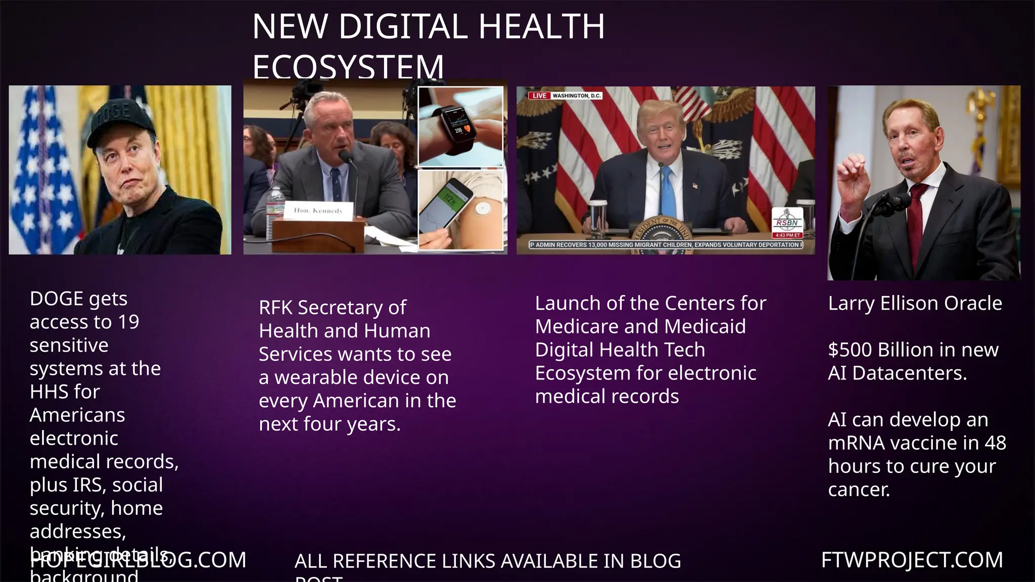 HOPEGIRLBLOG.COM FTWPROJECT.COM
NEW DIGITAL HEALTH
ECOSYSTEM
ALL REFERENCE LINKS AVAILABLE IN BLOG
Larry Ellison Oracle
$500 Billion in new
AI Datacenters.
AI can develop an
mRNA vaccine in 48
hours to cure your
cancer.
Launch of the Centers for
Medicare and Medicaid
Digital Health Tech
Ecosystem for electronic
medical records
DOGE gets
access to 19
sensitive
systems at the
HHS for
Americans
electronic
medical records,
plus IRS, social
security, home
addresses,
banking details,
RFK Secretary of
Health and Human
Services wants to see
a wearable device on
every American in the
next four years.
 
