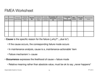 Dependable Systems Course PT 2014
FMEA Worksheet
12
• Cause is the speciﬁc reason for the failure („why?“, „due to“)

• If the cause occurs, the corresponding failure mode occurs

• In maintenance analysis, cause is a ,maintenance-actionable‘ item

• Failure mechanism != cause

• Occurrence expresses the likelihood of cause + failure mode

• Relative meaning rather than absolute value, must be ok to say „never happens“
Item Function
Potential
Failure Mode
Potential
Effect(s) of
Failure
Severity
(S)
Potential
Cause of
Failure
Current
Prevention
Controls
Probability of
Occurrence
(O)
Current
Detection
Controls
Probability
of
Detection (D)
RPN =
S*O*D
Criticality
= S*O
Recommended
Action
 