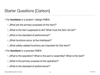 Dependable Systems Course PT 2014
Starter Questions [Carlson]
• For functions in a system / design FMEA:

• „What are the primary purposes of this item?“

• „What is the item supposed to do? What must the item not do?“

• „What is the standard of performance?“

• „What functions occur at the interfaces?“

• „What safety-related functions are important for this item?“

• For functions in a process FMEA:

• „What is the operation? What is the part or assembly? What is the tool?“

• „What is the primary purpose of the operation?“

• „What is the standard of performance?“
14
 