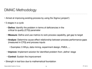 Dependable Systems Course PT 2014
DMAIC Methodology
• Aimed at improving existing process by using Six Sigma (,project‘)

• 5 stages in a cycle

• Deﬁne: Identify the problem in terms of deﬁciencies in the  
critical to quality (CTQ) parameter

• Measure: Deﬁne and use metrics to rank process capability, get gap to target

• Analyze: Determine cause-eﬀect relationship between process performance gaps
(measured in CTQ) and process inputs

• Examples: 5 Whys, data mining, experiment design, FMEA, ...

• Improve: Implement solution for identiﬁed problem from ,deﬁne‘ stage

• Control: Sustain the improvement

• Strength in tool box due to mathematical foundation
72
 