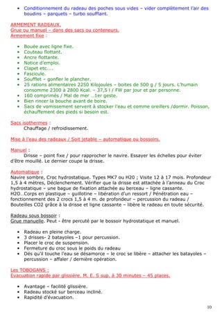 10
• Conditionnement du radeau des poches sous vides – vider complètement l’air des
boudins – parquets – turbo soufflant.
ARMEMENT RADEAUX.
Grue ou manuel – dans des sacs ou conteneurs.
Armement fixe :
• Bouée avec ligne fixe.
• Couteau flottant.
• Ancre flottante.
• Notice d’emploi.
• Clapet etc.….
• Fascicule.
• Soufflet – gonfler le plancher.
• 25 rations alimentaires 2250 Kilojoules – boites de 500 g / 5 jours. L’humain
consomme 2300 à 2800 Kcal. – 37,5 l / FW par jour et par personne.
• 160 comprimés / Mal de mer …1er geste.
• Bien rincer la bouche avant de boire.
• Sacs de vomissement servent à stocker l’eau et comme oreillers /dormir. Poisson,
échauffement des pieds si besoin est.
Sacs isothermes :
Chauffage / refroidissement.
Mise à l’eau des radeaux / Soit jetable – automatique ou bossoirs.
Manuel :
Drisse – point fixe / pour rapprocher le navire. Essayer les échelles pour éviter
d’être mouillé. Le dernier coupe la drisse.
Automatique :
Navire sombre, Croc hydrostatique. Types MK7 ou H20 ; Visite 12 à 17 mois. Profondeur
1,5 à 4 mètres, Déclenchement. Vérifier que la drisse est attachée à l’anneau du Croc
hydrostatique – une bague de fixation attachée au berceau – ligne cassante.
H2O…Corps en plastique – guillotine – libération d’un ressort / Pénétration eau –
fonctionnement des 2 crocs 1,5 à 4 m. de profondeur – percussion du radeau /
Bouteilles CO2 grâce à la drisse et ligne cassante – libère le radeau en toute sécurité.
Radeau sous bossoir :
Grue manuelle. Peut - être percuté par le bossoir hydrostatique et manuel.
• Radeau en pleine charge.
• 3 drisses- 2 batayoles –1 pour percussion.
• Placer le croc de suspension.
• Fermeture du croc sous le poids du radeau
• Dés qu’il touche l’eau se désamorce – le croc se libère – attacher les batayoles –
percussion – affaler / dernière opération.
Les TOBOGANS :
Evacuation rapide par glissière. M. E. S sup. à 30 minutes – 45 places.
• Avantage – facilité glissière.
• Radeau stocké sur berceau incliné.
• Rapidité d’évacuation.
 