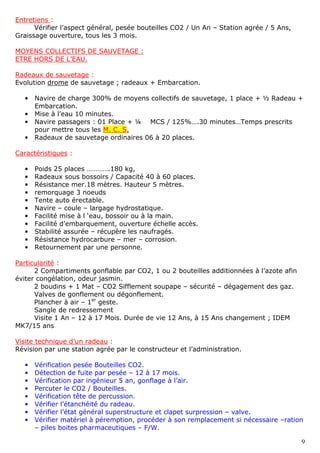 9
Entretiens :
Vérifier l’aspect général, pesée bouteilles CO2 / Un An – Station agrée / 5 Ans,
Graissage ouverture, tous les 3 mois.
MOYENS COLLECTIFS DE SAUVETAGE :
ETRE HORS DE L’EAU.
Radeaux de sauvetage :
Evolution drome de sauvetage ; radeaux + Embarcation.
• Navire de charge 300% de moyens collectifs de sauvetage, 1 place + ½ Radeau +
Embarcation.
• Mise à l’eau 10 minutes.
• Navire passagers : 01 Place + ¼ MCS / 125%….30 minutes…Temps prescrits
pour mettre tous les M. C. S.
• Radeaux de sauvetage ordinaires 06 à 20 places.
Caractéristiques :
• Poids 25 places ………….180 kg,
• Radeaux sous bossoirs / Capacité 40 à 60 places.
• Résistance mer.18 mètres. Hauteur 5 mètres.
• remorquage 3 noeuds
• Tente auto érectable.
• Navire – coule – largage hydrostatique.
• Facilité mise à l ‘eau, bossoir ou à la main.
• Facilité d’embarquement, ouverture échelle accès.
• Stabilité assurée – récupère les naufragés.
• Résistance hydrocarbure – mer – corrosion.
• Retournement par une personne.
Particularité :
2 Compartiments gonflable par CO2, 1 ou 2 bouteilles additionnées à l’azote afin
éviter congélation, odeur jasmin.
2 boudins + 1 Mat – CO2 Sifflement soupape – sécurité – dégagement des gaz.
Valves de gonflement ou dégonflement.
Plancher à air – 1er
geste.
Sangle de redressement
Visite 1 An – 12 à 17 Mois. Durée de vie 12 Ans, à 15 Ans changement ; IDEM
MK7/15 ans
Visite technique d’un radeau :
Révision par une station agrée par le constructeur et l’administration.
• Vérification pesée Bouteilles CO2.
• Détection de fuite par pesée – 12 à 17 mois.
• Vérification par ingénieur 5 an, gonflage à l’air.
• Percuter le CO2 / Bouteilles.
• Vérification tête de percussion.
• Vérifier l’étanchéité du radeau.
• Vérifier l’état général superstructure et clapet surpression – valve.
• Vérifier matériel à péremption, procéder à son remplacement si nécessaire –ration
– piles boites pharmaceutiques – F/W.
 