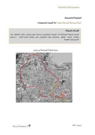 ‫ﻧﺤﻮﻣﺪﻥ ﺍﻛﺜﺮ ﺍﺳﺘﺪﺍﻣﺔ‬



                                                               ‫ﺍﻟﺠﻠﺴﺔ ﺍﻟﺨﺎﻣﺴﺔ:‬

                              ‫"ﺯﻳﺎﺭﺓ ﻣﻴﺪﺍﻧﻴﺔ ﻟﻤﺪﻳﻨﺔ ﻋﻤﺎﻥ " ﻡ. ﺃﺳﻤﺎﺀ ﺍﻟﺨﺮﻳﺴﺎﺕ‬


                                                                ‫ﺃﻫﺪﺍﻑ ﺍﻟﺠﻮﻟﺔ:‬
‫ﺗﻬﺪﻑ ﺍﻟﺠﻮﻟﺔ ﺍﻟﻤﻴﺪﺍﻧﻴﺔ ﺍﻟﻰ ﺗﻌﺮﻳﻒ ﺍﻟﻤﺸﺎﺭﻛﻴﻦ ﺑﻤﺪﻳﻨﺔ ﻋﻤﺎﻥ ﺑﺸﻜﻞ ﻋﺎﻡ ﻭ ﺍﻟﺘﻮﻗﻒ ﻋﻨﺪ‬
‫ﻭ ﺑﻌﺾ‬    ‫ﻣﻌﺎﻟﻢ ﻫﺎﻣﺔ ﺗﺘﻌﻠﻖ ﺑﻤﺨﻄﻂ ﻋﻤﺎﻥ ﺍﻟﺸﻤﻮﻟﻲ ﻣﺜﻞ ﻣﻮﺍﻗﻊ ﺑﻌﺾ ﺍﻻﺑﺮﺍﺝ‬
                                                           ‫ﺍﻟﻜﻮﺭﻳﺪﻭﺭﺍﺕ ﺍﻟﻬﺎﻣﺔ‬




                          ‫ﻣﺴﺎﺭ ﺍﻟﺠﻮﻟﺔ ﺍﻟﻤﻴﺪﺍﻧﻴﺔ ﻓﻲ ﻋﻤﺎﻥ‬




                                                                      ‫ﺣﺰﻳﺮﺍﻥ 1102‬
   ‫ﺍﻟﺼﻔﺤﺔ 33 ﻣﻦ 95‬   ‫|‬
 