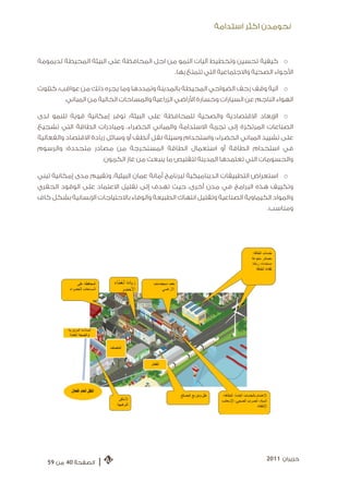 ‫ﻧﺤﻮﻣﺪﻥ ﺍﻛﺜﺮ ﺍﺳﺘﺪﺍﻣﺔ‬



‫‪ o‬ﻛﻴﻔﻴﺔ ﺗﺤﺴﻴﻦ ﻭﺗﺨﻄﻴﻂ ﺁﻟﻴﺎﺕ ﺍﻟﻨﻤﻮ ﻣﻦ ﺍﺟﻞ ﺍﻟﻤﺤﺎﻓﻈﺔ ﻋﻠﻰ ﺍﻟﺒﻴﺌﺔ ﺍﻟﻤﺤﻴﻄﺔ ﻟﺪﻳﻤﻮﻣﺔ‬
                                              ‫ﺍﻷﺟﻮﺍﺀ ﺍﻟﺼﺤﻴﺔ ﻭﺍﻻﺟﺘﻤﺎﻋﻴﺔ ﺍﻟﺘﻲ ﺗﺘﻤﺘﻊ ﺑﻬﺎ.‬

‫‪ o‬ﺁﻟﻴﺔ ﻭﻗﻒ ﺯﺣﻒ ﺍﻟﻀﻮﺍﺣﻲ ﺍﻟﻤﺤﻴﻄﺔ ﺑﺎﻟﻤﺪﻳﻨﺔ ﻭﺗﻤﺪﺩﻫﺎ ﻭﻣﺎ ﻳﺠﺮﻩ ﺫﻟﻚ ﻣﻦ ﻋﻮﺍﻗﺐ، ﻛﺘﻠﻮﺙ‬
         ‫ﺍﻟﻬﻮﺍﺀ ﺍﻟﻨﺎﺟﻢ ﻋﻦ ﺍﻟﺴﻴﺎﺭﺍﺕ ﻭﺧﺴﺎﺭﺓ ﺍﻷﺭﺍﺿﻲ ﺍﻟﺰﺭﺍﻋﻴﺔ ﻭﺍﻟﻤﺴﺎﺣﺎﺕ ﺍﻟﺨﺎﻟﻴﺔ ﻣﻦ ﺍﻟﻤﺒﺎﻧﻲ.‬

‫‪ o‬ﺍﻹﺑﻌﺎﺩ ﺍﻻﻗﺘﺼﺎﺩﻳﺔ ﻭﺍﻟﺼﺤﻴﺔ ﻟﻠﻤﺤﺎﻓﻈﺔ ﻋﻠﻰ ﺍﻟﺒﻴﺌﺔ: ﺗﻮﻓﺮ ﺇﻣﻜﺎﻧﻴﺔ ﻗﻮﻳﺔ ﻟﻠﻨﻤﻮ ﻟﺪﻯ‬
‫ﺍﻟﺼﻨﺎﻋﺎﺕ ﺍﻟﻤﺮﺗﻜﺰﺓ ﺇﻟﻰ ﺗﺠﺮﺑﺔ ﺍﻻﺳﺘﺪﺍﻣﺔ ﻭﺍﻟﻤﺒﺎﻧﻲ ﺍﻟﺨﻀﺮﺍﺀ. ﻭﻣﺒﺎﺩﺭﺍﺕ ﺍﻟﻄﺎﻗﺔ ﺍﻟﺘﻲ ﺗﺸﺠﻴﻊ‬
‫ﻋﻠﻰ ﺗﺸﻴﻴﺪ ﺍﻟﻤﺒﺎﻧﻲ ﺍﻟﺨﻀﺮﺍﺀ؛ ﻭﺍﺳﺘﺨﺪﺍﻡ ﻭﺳﻴﻠﺔ ﻧﻘﻞ ﺃﻧﻈﻒ ﺃﻭ ﻭﺳﺎﺋﻞ ﺯﻳﺎﺩﺓ ﺍﻻﻗﺘﺼﺎﺩ ﻭﺍﻟﻔﻌﺎﻟﻴﺔ‬
‫ﻓﻲ ﺍﺳﺘﺨﺪﺍﻡ ﺍﻟﻄﺎﻗﺔ ﺃﻭ ﺍﺳﺘﻌﻤﺎﻝ ﺍﻟﻄﺎﻗﺔ ﺍﻟﻤﺴﺘﺨﺮﺟﺔ ﻣﻦ ﻣﺼﺎﺩﺭ ﻣﺘﺠﺪﺩﺓ؛ ﻭﺍﻟﺮﺳﻮﻡ‬
                     ‫ﻭﺍﻟﺤﺴﻮﻣﺎﺕ ﺍﻟﺘﻲ ﺗﻌﺘﻤﺪﻫﺎ ﺍﻟﻤﺪﻳﻨﺔ ﻟﺘﻘﻠﻴﺺ ﻣﺎ ﻳﻨﺒﻌﺚ ﻣﻦ ﻏﺎﺯ ﺍﻟﻜﺮﺑﻮﻥ.‬

‫‪ o‬ﺍﺳﺘﻌﺮﺍﺽ ﺍﻟﺘﻄﺒﻴﻘﺎﺕ ﺍﻟﺪﻳﻨﺎﻣﻴﻜﻴﺔ ﻟﺒﺮﻧﺎﻣﺞ ﺃﻣﺎﻧﺔ ﻋﻤﺎﻥ ﺍﻟﺒﻴﺌﻴﺔ، ﻭﺗﻘﻴﻴﻢ ﻣﺪﻯ ﺇﻣﻜﺎﻧﻴﺔ ﺗﺒﻨﻲ‬
‫ﻭﺗﻜﻴﻴﻒ ﻫﺬﻩ ﺍﻟﺒﺮﺍﻣﺞ ﻓﻲ ﻣﺪﻥ ﺃﺧﺮﻯ، ﺣﻴﺚ ﺗﻬﺪﻑ ﺇﻟﻰ ﺗﻘﻠﻴﻞ ﺍﻻﻋﺘﻤﺎﺩ ﻋﻠﻰ ﺍﻟﻮﻗﻮﺩ ﺍﻟﺤﻔﺮﻱ‬
‫ﻭﺍﻟﻤﻮﺍﺩ ﺍﻟﻜﻴﻤﺎﻭﻳﺔ ﺍﻟﺼﻨﺎﻋﻴﺔ ﻭﺗﻘﻠﻴﻞ ﺍﻧﺘﻬﺎﻙ ﺍﻟﻄﺒﻴﻌﺔ ﻭﺍﻟﻮﻓﺎﺀ ﺑﺎﻻﺣﺘﻴﺎﺟﺎﺕ ﺍﻹﻧﺴﺎﻧﻴﺔ ﺑﺸﻜﻞ ﻛﺎﻑ‬
                                                                              ‫ﻭﻣﻨﺎﺳﺐ.‬




                                                                             ‫ﺣﺰﻳﺮﺍﻥ 1102‬
   ‫ﺍﻟﺼﻔﺤﺔ 04 ﻣﻦ 95‬   ‫|‬
 