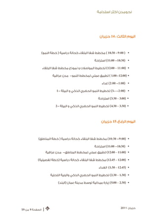 ‫ﻧﺤﻮﻣﺪﻥ ﺍﻛﺜﺮ ﺍﺳﺘﺪﺍﻣﺔ‬




                                                            ‫ﺍﻟﻴﻮﻡ ﺍﻟﺜﺎﻟﺚ : 41 ﺣﺰﻳﺮﺍﻥ‬



                 ‫‪ ( 10:30 -9:00 ) ‬ﻣﺨﻄﻂ ﺷﻔﺎ ﺍﻟﺒﻠﻘﺎﺀ ﻛﺤﺎﻟﺔ ﺩﺭﺍﺳﻴﺔ ) ﺧﻄﺔ ﺍﻟﻨﻤﻮ(‬

                                                        ‫‪ (11:00 -10:30) ‬ﺍﺳﺘﺮﺍﺣﺔ‬

                 ‫‪ (12:00 – 11:00) ‬ﺗﺨﻄﻴﻂ ﺍﻟﻤﻮﺍﺻﻼﺕ ﻭ ﻧﻤﻮﺫﺝ ﻣﺨﻄﻂ ﺷﻔﺎ ﺍﻟﺒﻠﻘﺎﺀ‬

                         ‫‪ ( 1:00-12:00) ‬ﺗﻄﺒﻴﻖ ﻋﻤﻠﻲ ﻟﻤﺨﻄﻂ ﺍﻟﻨﻤﻮ- ﻣﺪﻥ ﻋﺮﺍﻗﻴﺔ‬

                                                             ‫‪ (2:00 -1:00) ‬ﻏﺪﺍﺀ‬

                            ‫‪ (3:00 -2:00) ‬ﺗﺨﻄﻴﻂ ﺍﻟﻨﻤﻮ ﺍﻟﺤﻀﺮﻱ ﺍﻟﺬﻛﻲ ﻭ ﺍﻟﺒﻴﺌﺔ -1‬

                                                          ‫‪ (3:30 – 3:00) ‬ﺍﺳﺘﺮﺍﺣﺔ‬

                           ‫‪ (4:30 – 3:30) ‬ﺗﺨﻄﻴﻂ ﺍﻟﻨﻤﻮ ﺍﻟﺤﻀﺮﻱ ﺍﻟﺬﻛﻲ ﻭ ﺍﻟﺒﻴﺌﺔ -2‬



                                                             ‫ﺍﻟﻴﻮﻡ ﺍﻟﺮﺍﺑﻊ: 51 ﺣﺰﻳﺮﺍﻥ‬



            ‫‪ (10:30 -9:00) ‬ﻣﺨﻄﻂ ﺷﻔﺎ ﺍﻟﺒﻠﻘﺎﺀ ﻛﺤﺎﻟﺔ ﺩﺭﺍﺳﻴﺔ ) ﺧﻄﺔ ﺍﻟﻤﻨﺎﻃﻖ(‬

                                                        ‫‪ (11:00 -10:30) ‬ﺍﺳﺘﺮﺍﺣﺔ‬
                     ‫‪ (12:00 – 11:00) ‬ﺗﻄﺒﻴﻖ ﻋﻤﻠﻲ ﻟﻤﺨﻄﻂ ﺍﻟﻤﻨﺎﻃﻖ- ﻣﺪﻥ ﻋﺮﺍﻗﻴﺔ‬

           ‫‪ (12:45 – 12:00) ‬ﻣﺨﻄﻂ ﺷﻔﺎ ﺍﻟﺒﻠﻘﺎﺀ ﻛﺤﺎﻟﺔ ﺩﺭﺍﺳﻴﺔ )ﺧﻄﺔ ﺗﻔﺼﻴﻠﻴﺔ(‬

                                                           ‫‪ (1:30 – 12:45) ‬ﺍﻟﻐﺪﺍﺀ‬

                        ‫‪ (2:30 – 1:30) ‬ﺗﺨﻄﻴﻂ ﺍﻟﻨﻤﻮ ﺍﻟﺤﻀﺮﻱ ﺍﻟﺬﻛﻲ ﻭﺍﻟﺒﻨﻴﺔ ﺍﻟﺘﺤﺘﻴﺔ‬

                             ‫‪ (5:00 – 2:30) ‬ﺯﻳﺎﺭﺓ ﻣﻴﺪﺍﻧﻴﺔ ﻟﻮﺳﻂ ﻣﺪﻳﻨﺔ ﻋﻤﺎﻥ )ﺍﻟﺒﻠﺪ(‬




                                                                           ‫ﺣﺰﻳﺮﺍﻥ 1102‬
‫ﺍﻟﺼﻔﺤﺔ 9 ﻣﻦ 95‬   ‫|‬
 