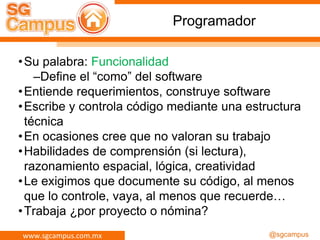 www.sgcampus.com.mx @sgcampus
Programador
•Su palabra: Funcionalidad
–Define el “como” del software
•Entiende requerimientos, construye software
•Escribe y controla código mediante una estructura
técnica
•En ocasiones cree que no valoran su trabajo
•Habilidades de comprensión (si lectura),
razonamiento espacial, lógica, creatividad
•Le exigimos que documente su código, al menos
que lo controle, vaya, al menos que recuerde…
•Trabaja ¿por proyecto o nómina?
 