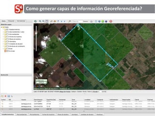 Como generar capas de información Georeferenciada?



                                        3- Reportes gráficos
                                        on-line




                                         1- Una interface GIS que
                                         permite dibujar
                                         fácilmente


                                        2- Carga de Información
 