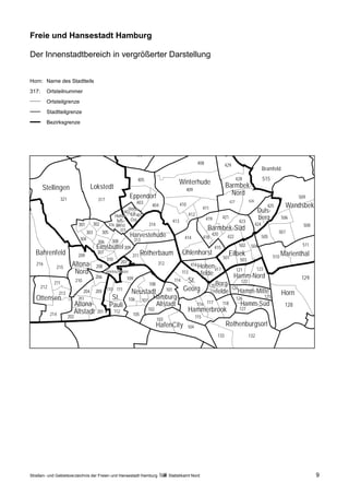 Freie und Hansestadt Hamburg

Der Innenstadtbereich in vergrößerter Darstellung


Horn: Name des Stadtteils
317:    Ortsteilnummer
        Ortsteilgrenze
        Stadtteilgrenze
        Bezirksgrenze




                                                     406
                                                                                     408            429
                                                                                                                      Bramfeld
                                                      405                                                 428         515
                                                                           Winterhude               Barmbek-
       Stellingen             Lokstedt                                        409
                                                  Eppendorf                                           Nord                                509
               321                317                                                                  427        426
                                                         403
                                                  Hohe-
                                                               404           410
                                                                                         411                                 425      Wandsbek
                                                402
                                                    luft-401                      412
                                                                                                                       Duls-
                                          Hohe-                                                    421                  berg        506
                                           luft- Ost                     413               419              423
                       301     302     316 West               314                                                     424                   508
                                             315                                            Barmbek-Süd                            507
                           303     305
                                                    Harvestehude                414      418
                                                                                              420
                                                                                                     422                  505
                        304              308          313
                                 306
                                                                                                             502 504                        511
                                 Eimsbüttel 309                                                415
   Bahrenfeld         209
                                 307
                                                     311 Rotherbaum
                                                                              Uhlenhorst              Eilbek                    510 Marienthal
                                     310                                                           501       503
                                             207
   216
            215
                   Altona- 208                                     312             416 Hohen-
                                                                                               417                     123
                     Nord            Sternschanze                             113       felde
                                                                                                           121
                                206              109                                                     Hamm-Nord                         129
           211       210
                                                              108
                                                                          114     St.           Borg-         122
     212                                                                                    120
                                                     Neustadt 101 Georg 119 felde Hamm-Mitte
                                                                                                        124
             213          204 205 110 111                                                                                           Horn
   Ottensen           203                St. 106 107 Hamburg-                                              126             125
                     Altona-           Pauli                      Altstadt            116 117      118        Hamm-Süd                128
                    Altstadt 201 112                         102                  Hammerbrook                127
         214     202                                  105
                                                                                     115
                                                                  103
                                                                HafenCity      104                  Rothenburgsort
                                                                                              133               132




Straßen- und Gebietsverzeichnis der Freien und Hansestadt Hamburg    Statistikamt Nord                                                            9
 