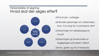 Forberedelse af søgning
Hvad skal der søges efter?
qFind et job - surfesøge
qFaktuelle oplysninger om uddannelse:
Hvor, hvor lang tid, hvad kræver det?
qOplysninger om arbejdsopgaver:
Hvad?
qOplysninger og fornemmelse af
dagligdagen på jobbet: video?
qFotos, grafer og info til faktaboks
Søg
efter
arbejdsopgaver
uddannelse
dagligdagen
fotos, grafer,
faktaboks
andet?
danskkonsulenter.dk/Charlotte Rytter 2017
 
