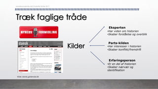Træk faglige tråde
Eksperten
•Har viden om historien
•Skaber forståelse og overblik
Erfaringsperson
•Er en del af historien
•Skaber nærvær og
identifikation
Parts-kilden
•Har interesser i historien
•Skaber konflikt/fremdrift
Kilde: dansk.gyldendal.dk
Kilder
danskkonsulenter.dk/Charlotte Rytter 2017
 