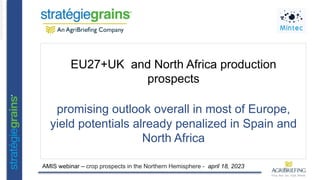 EU27+UK and North Africa production
prospects
promising outlook overall in most of Europe,
yield potentials already penalized in Spain and
North Africa
AMIS webinar – crop prospects in the Northern Hemisphere - april 18, 2023
 