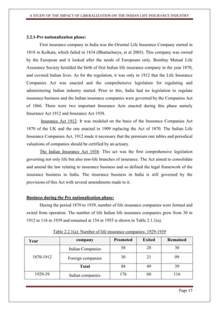 A STUDY OF THE IMPACT OF LIBERALIZATION ON THE INDIAN LIFE INSURANCE INDUSTRY
Page 17
2.2.1-Pre nationalization phase:
First insurance company in India was the Oriental Life Insurance Company started in
1818 in Kolkata, which failed in 1834 (Bhattacharya, et al 2003). This company was owned
by the European and it looked after the needs of Europeans only. Bombay Mutual Life
Assurance Society heralded the birth of first Indian life insurance company in the year 1870,
and covered Indian lives. As for the regulation, it was only in 1912 that the Life Insurance
Companies Act was enacted and the comprehensive legislature for regulating and
administering Indian industry started. Prior to this, India had no legislation to regulate
insurance business and the Indian insurance companies were governed by the Companies Act
of 1866. There were two important Insurance Acts enacted during this phase namely
Insurance Act 1912 and Insurance Act 1938.
Insurance Act 1912: It was modeled on the basis of the Insurance Companies Act
1870 of the UK and the one enacted in 1909 replacing the Act of 1870. The Indian Life
Insurance Companies Act, 1912 made it necessary that the premium rate tables and periodical
valuations of companies should be certified by an actuary.
The Indian Insurance Act 1938: This act was the first comprehensive legislation
governing not only life but also non-life branches of insurance. The Act aimed to consolidate
and amend the law relating to insurance business and so defined the legal framework of the
insurance business in India. The insurance business in India is still governed by the
provisions of this Act with several amendments made to it.
Business during the Pre nationalization phase:
During the period 1870 to 1939, number of life insurance companies were formed and
exited from operation. The number of life Indian life insurance companies grew from 30 in
1912 to 116 in 1939 and remained at 154 in 1955 is shown in Table 2.1.1(a).
Table 2.2.1(a): Number of life insurance companies: 1929-1939
Year company Promoted Exited Remained
1870-1912
Indian Companies 58 28 30
Foreign companies 30 21 09
Total 88 49 39
1929-39 Indian companies 176 60 116
 