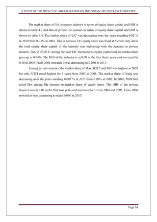 A STUDY OF THE IMPACT OF LIBERALIZATION ON THE INDIAN LIFE INSURANCE INDUSTRY
Page 34
The market share of life insurance industry in terms of equity share capital and HHI is
shown in table 4.3 and that of private life insurers in terms of equity share capital and HHI is
shown in table 4.4. The market share of LIC was decreasing over the years standing 0.02 %
in 2010 from 0.03% in 2002. This is because LIC equity share was fixed at 5 crore only while
the total equity share capital of the industry was increasing with the increase in private
insurers. But, in 2010-11 during the year LIC increased its equity capital and its market share
goes up to 0.04%. The HHI of the industry is at 0.09 in the first three years and increased to
0.10 in 2005. From 2006 onwards it was decreasing to 0.060 in 2013.
Among private insurers, the market share of Max, ICICI and SBI was highest in 2002
but only ICICI stood highest for 6 years from 2003 to 2008. The market share of Bajaj was
decreasing over the years standing 0.005 % in 2013 from 0.09% in 2002. In 2010, PNB Met
stood first among life insurers in market share of equity share. The HHI of the private
insurers was at 0.09 in the first two years and increased to 0.10 in 2004 and 2005. From 2006
onwards it was decreasing to reach 0.060 in 2013.
 