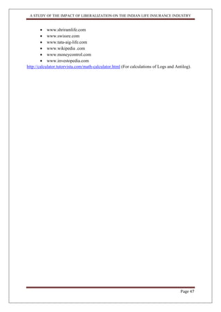 A STUDY OF THE IMPACT OF LIBERALIZATION ON THE INDIAN LIFE INSURANCE INDUSTRY
Page 47
 www.shriramlife.com
 www.swissre.com
 www.tata-aig-life.com
 www.wikipedia .com
 www.moneycontrol.com
 www.investopedia.com
http://calculator.tutorvista.com/math-calculator.html (For calculations of Logs and Antilog).
 