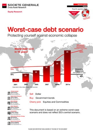 Special report
                                                                                                                         Global

                                                                                                        Fourth quarter 2009

                                                                                                        EQUITY

                                                                                                        CREDIT
                                                                                                                                  VIEW
                                                                                                                             OBAL
                                                                                                                         A GL EUROPE
                                                                                                                          FROM




Worst-case debt scenario
Protecting yourself against economic collapse

                                                                                                                 Advanced
                                                                                                                 economies
           World debt: x2.5                                                                                Debt/GDP (worst case)


           in 10 years!                                                                          45                 150%




                                                                                  35

                                                                   30
 72%                                                                                                        Emerging
                                                                                                            economies
                                                       26                                                Debt/GDP (worst case)
 49%
                                23                                                                                   45%

           18

         2001                  2003                   2005        2007          2009e           2011e
      Global debt in trillion dollars (Source: The Economist)


  Product manager
  Daniel Fermon
  (33) 1 42 13 58 81
  daniel.fermon@sgcib.com                  Sell         Dollar
 Global Head of Research
 Patrick Legland
 (33) 1 42 13 97 79
 patrick.legland@sgcib.com
                                           Buy           Government bonds
 Macro Strategy
 Benoît Hubaud
 (33) 1 42 13 62 04
                                           Cherry pick           Equities and Commodities
 benoit.hubaud@sgcib.com

 Sector Research
 Fabrice Theveneau
 (33) 1 58 98 08 77
 fabrice.theveneau@sgcib.com

 Commodities
                                           This document is based on an extreme worst-case
 Frédéric Lasserre
 (33) 1 42 13 44 06
                                           scenario and does not reflect SG’s central scenario.
 frederic.lasserre@sgcib.com

 Global Asset Allocation Strategy
 Alain Bokobza
 (33) 1 42 13 84 38
 alain.bokobza@sgcib.com

 Rates & Forex Strategy
 Vincent Chaigneau
 00 44 207 676 7707
 vincent.chaigneau@sgcib.com




                                        PLEASE SEE IMPORTANT DISCLOSURES AT THE END OF THE DOCUMENT
 
