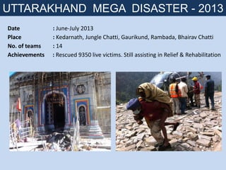 Date : June-July 2013
Place : Kedarnath, Jungle Chatti, Gaurikund, Rambada, Bhairav Chatti
No. of teams : 14
Achievements : Rescued 9350 live victims. Still assisting in Relief & Rehabilitation
UTTARAKHAND MEGA DISASTER - 2013
 