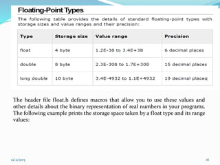 The header file float.h defines macros that allow you to use these values and
other details about the binary representation of real numbers in your programs.
The following example prints the storage space taken by a float type and its range
values:
12/2/2015 16
 