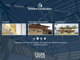 7	
  Insulação 8	
  Esquadrias,	
  portas	
  e	
  janelas 9	
  Acabamentos
Sistema	
  Constru.vo
Integração total com os sistemas de enrgia limpa, eﬁciência energética
e eﬁciência hídrica.
 