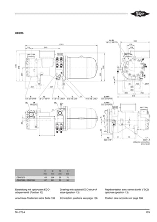 103
CSW75
Darstellung mit optionalem ECO-
Absperrventil (Position 13)
Anschluss-Positionen siehe Seite 106
Drawing with optional ECO shut-off
valve (position 13)
Connection positions see page 106
Représentation avec vanne d'arrêt d'ECO
optionale (position 13)
Position des raccords voir page 106
SH-170-4
257
513
572
114 540
1353
250
528
50 50
261 457
1/8''-27 NPTF
6
33
M10x1,5
10
550
108
135
Ø1712033
305
360
309 292
616
1/8''-27 NPTF
3 (LP)
O
N20
I1 I2
1/8''-27 NPTF
2 (HP)
13
Ø22 (7/8'')
17
43
SL DL14
1/8''-27 NPTF
1 (HP)
5 9 4
1/8''-27 NPTF
12
1 1/8''-18 UNEF
8
1 1/8''-18 UNEF 5/8''-18 UNF
M22x1,5
(Adaptor connection:
Ø16 / 5/8'')
I1 I2 N O
mm mm mm mm
CSW7573 153 258 20 70
CSW7583 / CSW7593 157 261 23 69
 