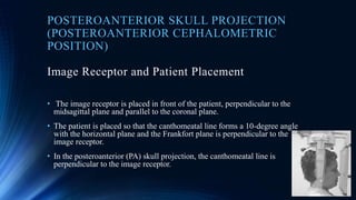 POSTEROANTERIOR SKULL PROJECTION
(POSTEROANTERIOR CEPHALOMETRIC
POSITION)
Image Receptor and Patient Placement
• The image receptor is placed in front of the patient, perpendicular to the
midsagittal plane and parallel to the coronal plane.
• The patient is placed so that the canthomeatal line forms a 10-degree angle
with the horizontal plane and the Frankfort plane is perpendicular to the
image receptor.
• In the posteroanterior (PA) skull projection, the canthomeatal line is
perpendicular to the image receptor.
 