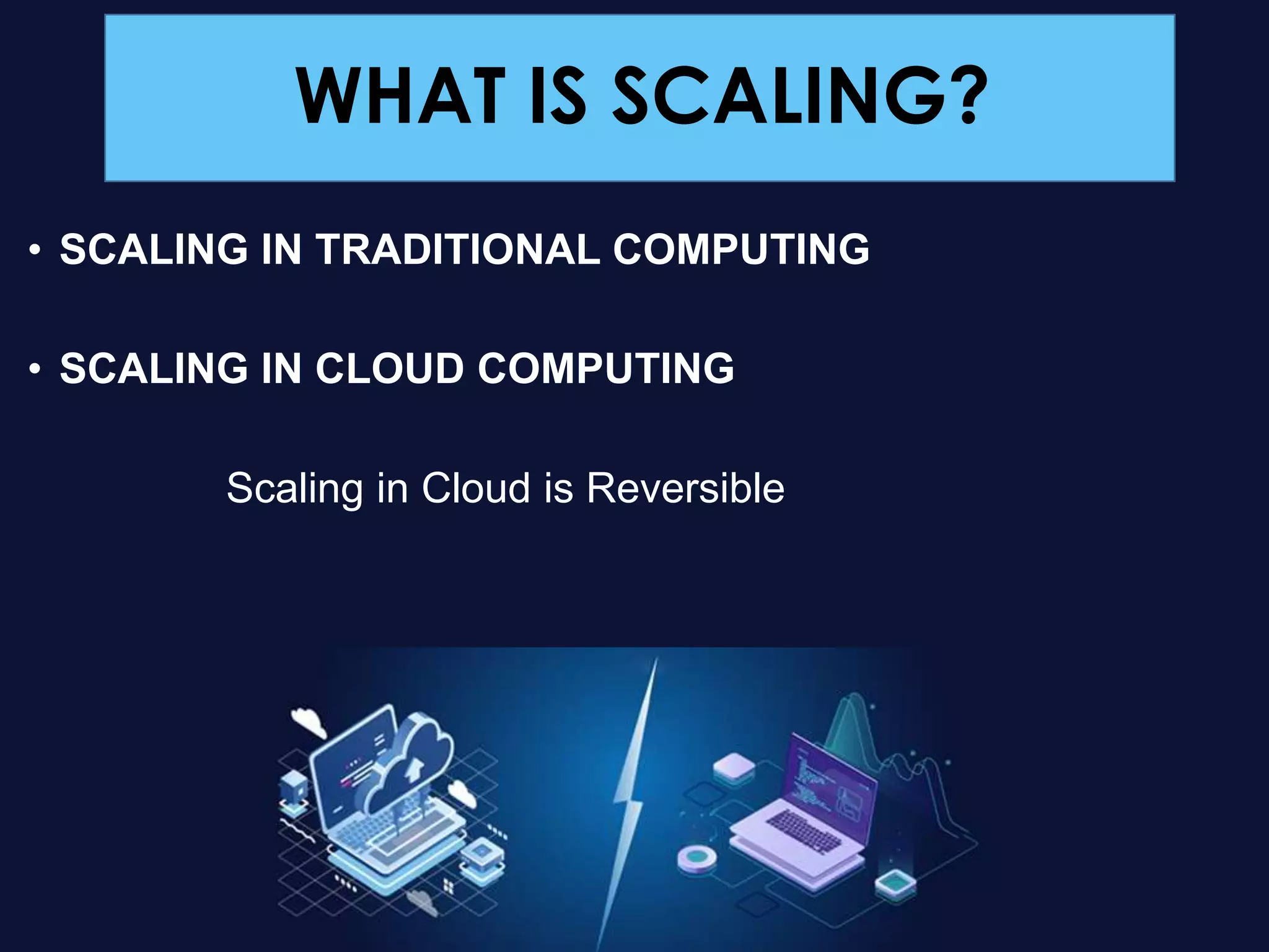 WHAT IS SCALING?
• SCALING IN TRADITIONAL COMPUTING
• SCALING IN CLOUD COMPUTING
Scaling in Cloud is Reversible
 