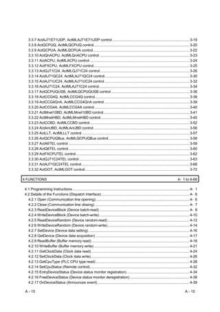 3.3.7 ActAJ71E71UDP, ActMLAJ71E71UDP control ............................................................................... 3-19
   3.3.8 ActQCPUQ, ActMLQCPUQ control.................................................................................................. 3-20
   3.3.9 ActQCPUA, ActMLQCPUA control................................................................................................... 3-22
   3.3.10 ActQnACPU, ActMLQnACPU control ............................................................................................ 3-23
   3.3.11 ActACPU, ActMLACPU control ...................................................................................................... 3-24
   3.3.12 ActFXCPU, ActMLFXCPU control.................................................................................................. 3-25
   3.3.13 ActQJ71C24, ActMLQJ71C24 control............................................................................................ 3-26
   3.3.14 ActAJ71QC24, ActMLAJ71QC24 control....................................................................................... 3-30
   3.3.15 ActAJ71UC24, ActMLAJ71UC24 control ....................................................................................... 3-32
   3.3.16 ActAJ71C24, ActMLAJ71C24 control............................................................................................. 3-34
   3.3.17 ActQCPUQUSB, ActMLQCPUQUSB control ................................................................................ 3-36
   3.3.18 ActCCG4Q, ActMLCCG4Q control................................................................................................. 3-38
   3.3.19 ActCCG4QnA, ActMLCCG4QnA control ....................................................................................... 3-39
   3.3.20 ActCCG4A, ActMLCCG4A control ................................................................................................. 3-40
   3.3.21 ActMnet10BD, ActMLMnet10BD control ........................................................................................ 3-41
   3.3.22 ActMnetHBD, ActMLMnetHBD control........................................................................................... 3-45
   3.3.23 ActCCBD, ActMLCCBD control ...................................................................................................... 3-52
   3.3.24 ActAnUBD, ActMLAnUBD control .................................................................................................. 3-56
   3.3.25 ActLLT, ActMLLLT control .............................................................................................................. 3-57
   3.3.26 ActQCPUQBus, ActMLQCPUQBus control................................................................................... 3-58
   3.3.27 ActA6TEL control ............................................................................................................................ 3-59
   3.3.28 ActQ6TEL control............................................................................................................................ 3-60
   3.3.29 ActFXCPUTEL control .................................................................................................................... 3-62
   3.3.30 ActQJ71C24TEL control ................................................................................................................. 3-63
   3.3.31 ActAJ71QC24TEL control............................................................................................................... 3-68
   3.3.32 ActGOT, ActMLGOT control ........................................................................................................... 3-72

4 FUNCTIONS                                                                                                                               4- 1 to 4-66

4.1 Programming Instructions........................................................................................................................ 4- 1
4.2 Details of the Functions (Dispatch Interface) .......................................................................................... 4- 6
  4.2.1 Open (Communication line opening)................................................................................................ 4- 6
  4.2.2 Close (Communication line closing) ................................................................................................. 4- 7
  4.2.3 ReadDeviceBlock (Device batch-read) ............................................................................................ 4- 8
  4.2.4 WriteDeviceBlock (Device batch-write) ............................................................................................ 4-10
  4.2.5 ReadDeviceRandom (Device random-read).................................................................................... 4-12
  4.2.6 WriteDeviceRandom (Device random-write).................................................................................... 4-14
  4.2.7 SetDevice (Device data setting) ....................................................................................................... 4-16
  4.2.8 GetDevice (Device data acquisition) ................................................................................................ 4-17
  4.2.9 ReadBuffer (Buffer memory read) .................................................................................................... 4-18
  4.2.10 WriteBuffer (Buffer memory write) .................................................................................................. 4-21
  4.2.11 GetClockData (Clock data read)..................................................................................................... 4-24
  4.2.12 SetClockData (Clock data write)..................................................................................................... 4-26
  4.2.13 GetCpuType (PLC CPU type read) ................................................................................................ 4-28
  4.2.14 SetCpuStatus (Remote control)...................................................................................................... 4-32
  4.2.15 EntryDeviceStatus (Device status monitor registration) ................................................................ 4-34
  4.2.16 FreeDeviceStatus (Device status monitor deregistration) ............................................................. 4-38
  4.2.17 OnDeviceStatus (Announces event) .............................................................................................. 4-39

 A - 15                                                                                                                                          A - 15
 
