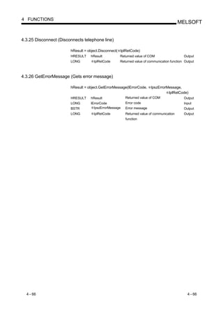 4 FUNCTIONS
                                                                                          MELSOFT


4.3.25 Disconnect (Disconnects telephone line)

                        hResult = object.Disconnect( lplRetCode)
                        HRESULT    hResult          Returned value of COM                   Output
                        LONG         lplRetCode     Returned value of communication function Output



4.3.26 GetErrorMessage (Gets error message)

                        hResult = object.GetErrorMessage(lErrorCode,    lpszErrorMessage,
                                                                                  lplRetCode)
                        HRESULT    hResult              Returned value of COM               Output
                        LONG       lErrorCode           Error code                          Input
                        BSTR         lpszErrorMessage   Error message                       Output
                        LONG         lplRetCode         Returned value of communication     Output
                                                        function




  4 - 66                                                                                      4 - 66
 
