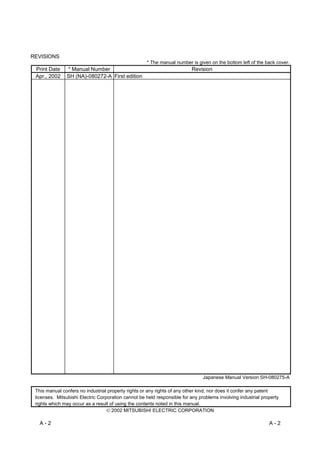 REVISIONS
                                                     * The manual number is given on the bottom left of the back cover.
 Print Date    * Manual Number                                            Revision
 Apr., 2002    SH (NA)-080272-A First edition




                                                                                Japanese Manual Version SH-080275-A

 This manual confers no industrial property rights or any rights of any other kind, nor does it confer any patent
 licenses. Mitsubishi Electric Corporation cannot be held responsible for any problems involving industrial property
 rights which may occur as a result of using the contents noted in this manual.
                                    2002 MITSUBISHI ELECTRIC CORPORATION

   A-2                                                                                                         A-2
 